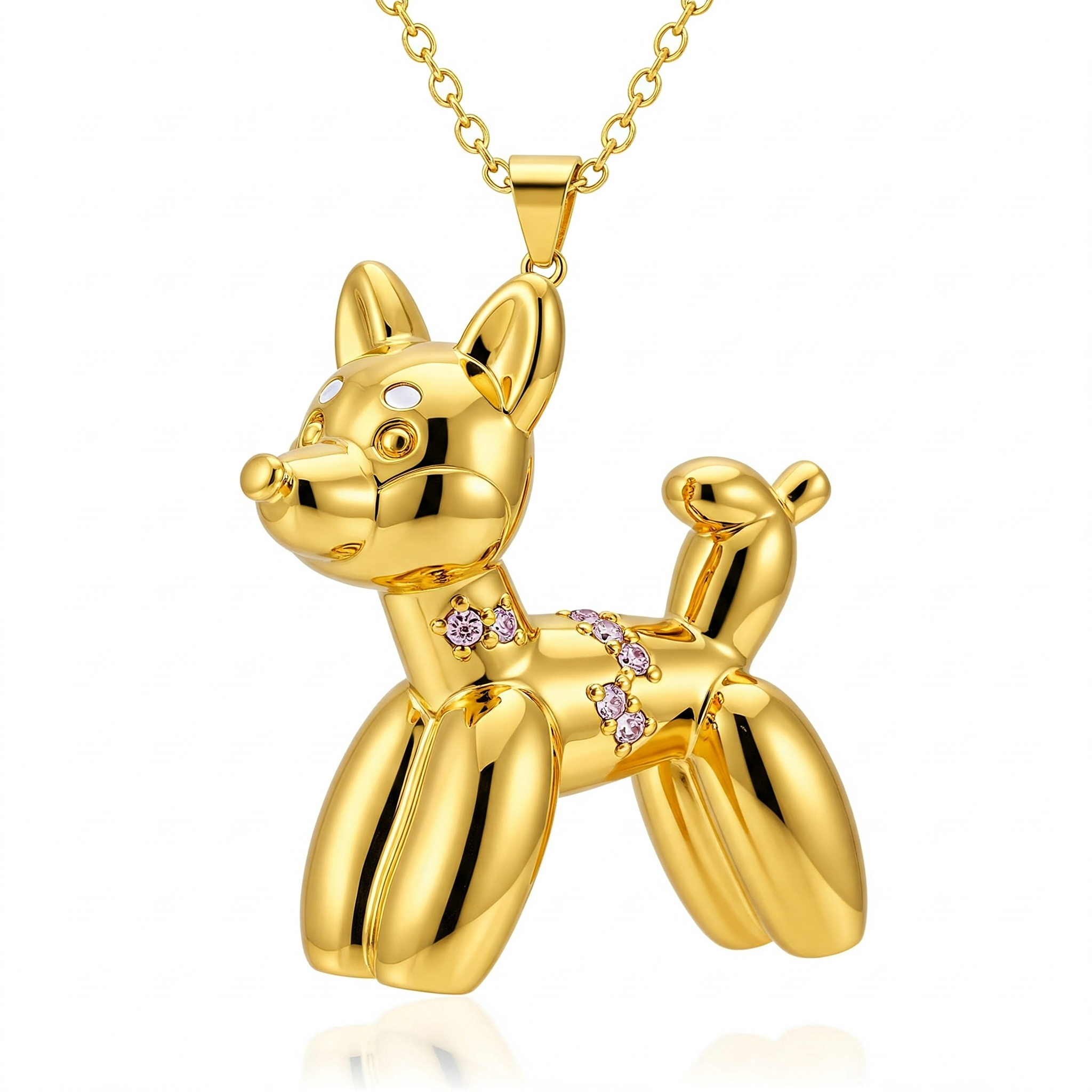 Balloon Dog Pendant Necklace with Pink Crystal Accents in Stainless Steel